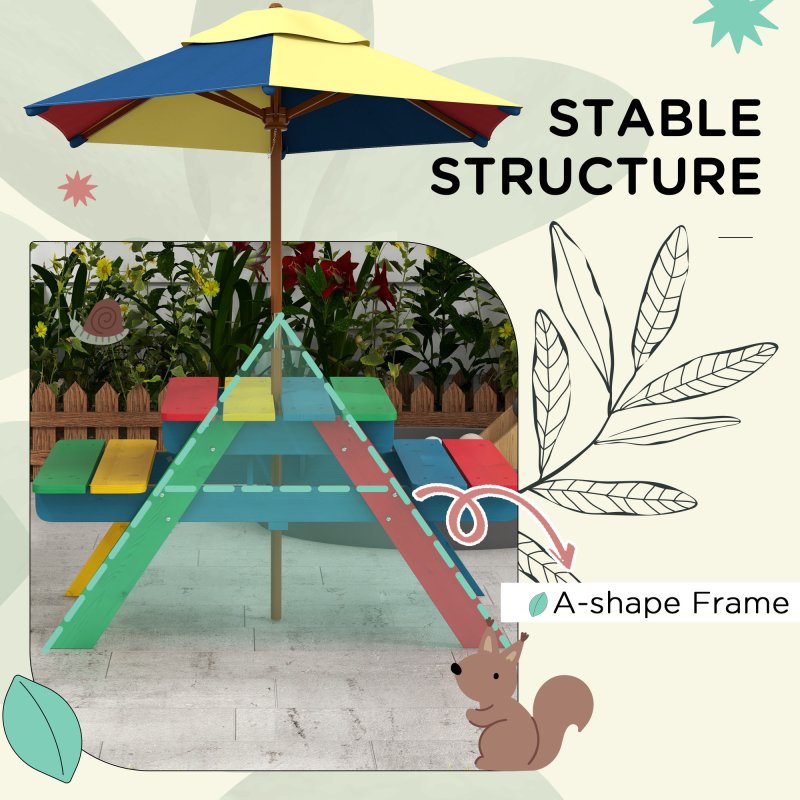 Outsunny Kids Picnic Table Wooden Garden Furniture Bench with Removable Umbrella Outdoor, for Ages 3-6 Years - Multicoloured