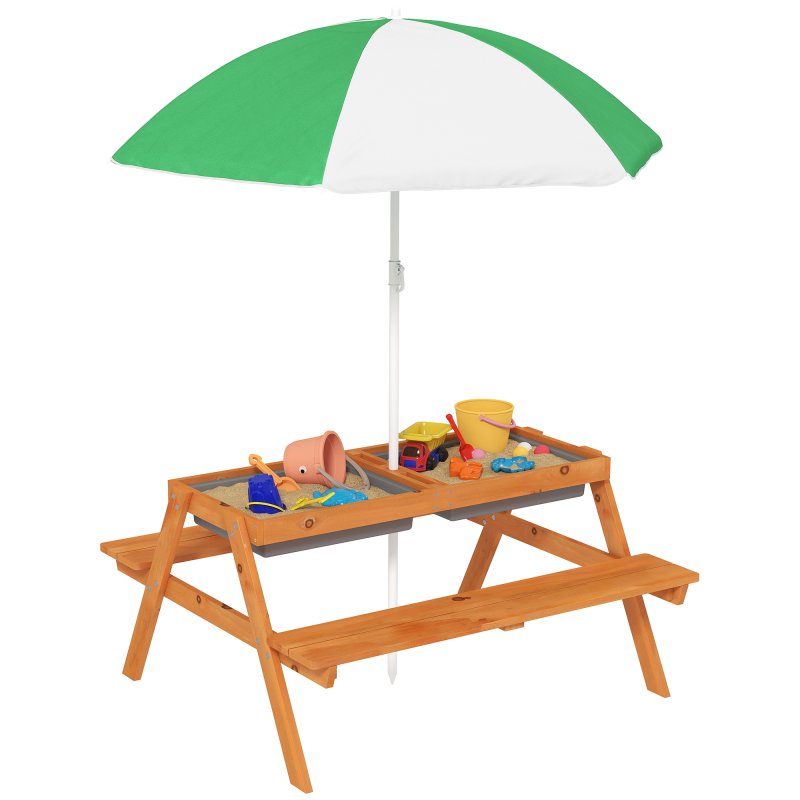 Outsunny Kids Picnic Table, Wooden Sand and Water Table with Benches, Adjustable Parasol, Storage Bins, Outdoor Garden Furniture for Kids 3-6 Years, Brown