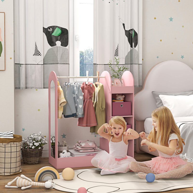 AIYAPLAY Kids Clothes Rail, Kids Dress Up Rail with Storage Shelf, Boxes, Mirror, Kids Wardrobe for Bedroom, Kids Room, Nursery, Pink
