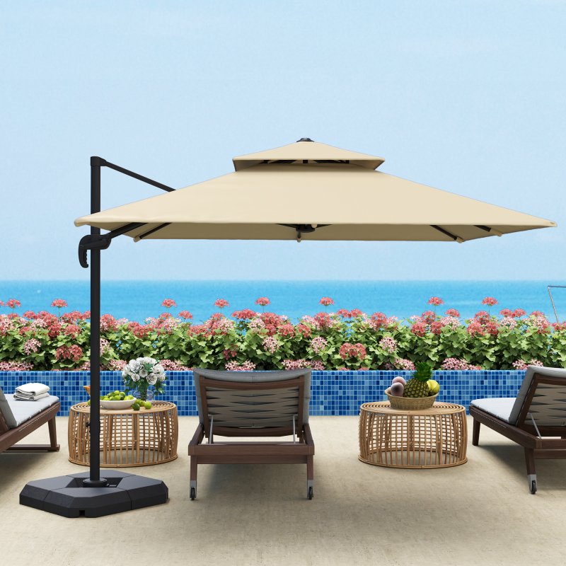 Outsunny 2.7 x 2.7(m) Cantilever Parasol with Aluminium Frame, Crank and Tilt, 360-Degree Rotation, Double Top Garden Umbrella with Base and Cover, Khaki