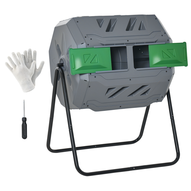 Outsunny 160L Tumbling Compost Bin Outdoor Dual Chamber 360° Rotating Composter, Garden Compost Bin w/ Sliding Doors & Solid Steel Frame, Grey