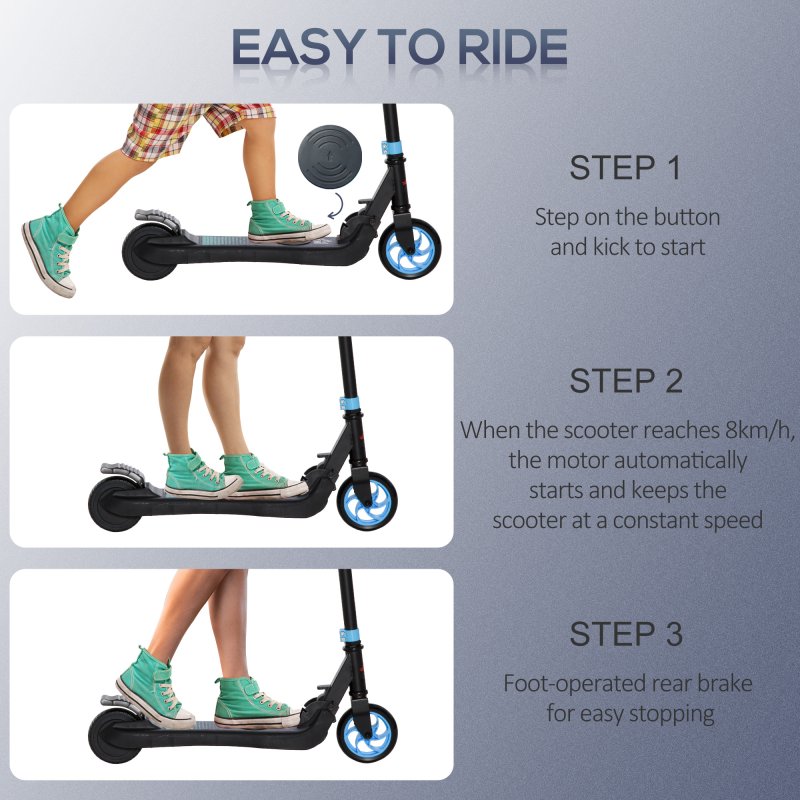 HOMCOM Kids Folding Electric Scooter Adult E Scooter, 120W, with Adjustable Height and Rear Wheel Brake, 8km/h Maximum Speed, for Children Ages 6-12 Years Old, Sky Blue