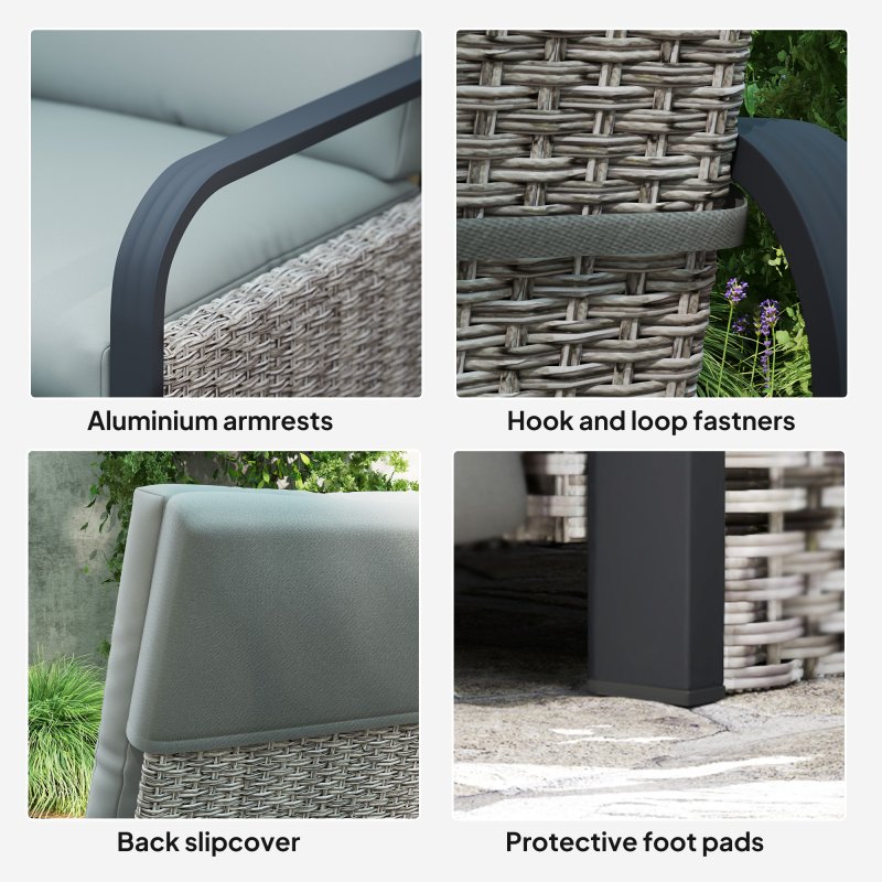 Outsunny Rattan Garden Recliner Chair, Reclining Rattan Chair with Adjustable Backrest and Footrest, Outdoor Lounge Sun Lounger with Cushion, Side Tray and Aluminium Armrests, Light Grey/Dark Grey