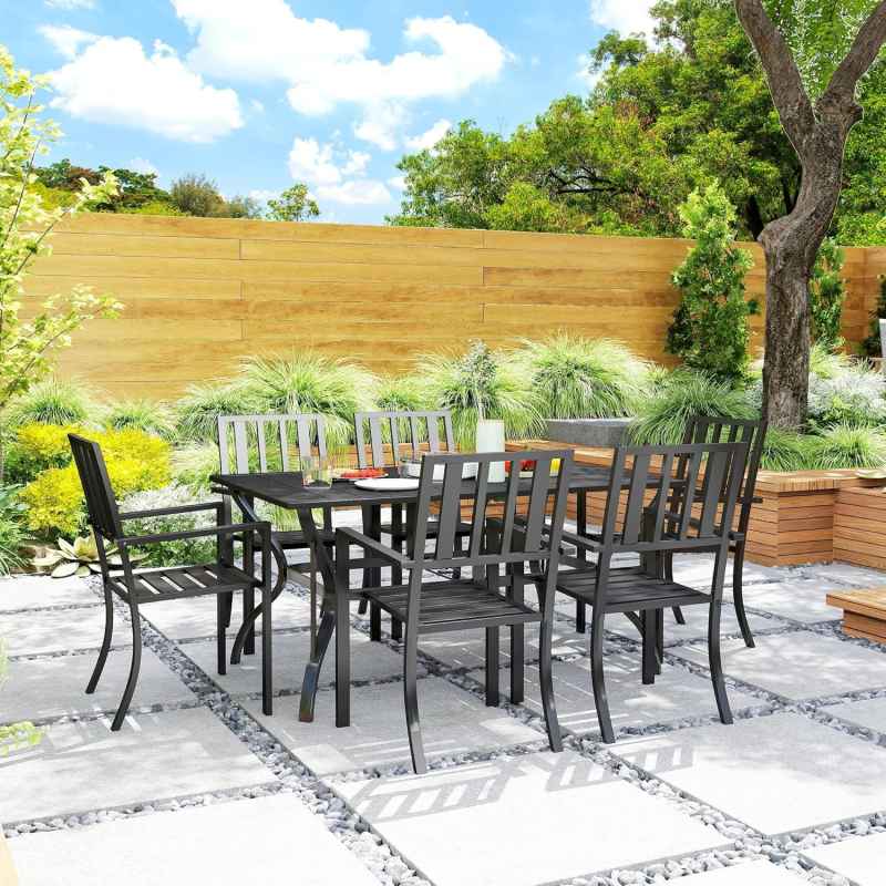 Outsunny 7 Pieces Garden Dining Set with Stackable Chairs, 6 Seater Metal Garden Furniture Set, Outdoor Metal Top Patio Table with Umbrella Hole, Black