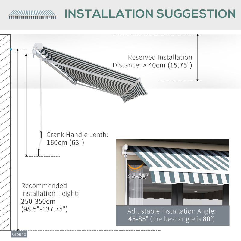 Outsunny 2.5m x 2m Garden Patio Manual Awning Canopy Sun Shade Shelter Retractable with Winding Handle Green and White