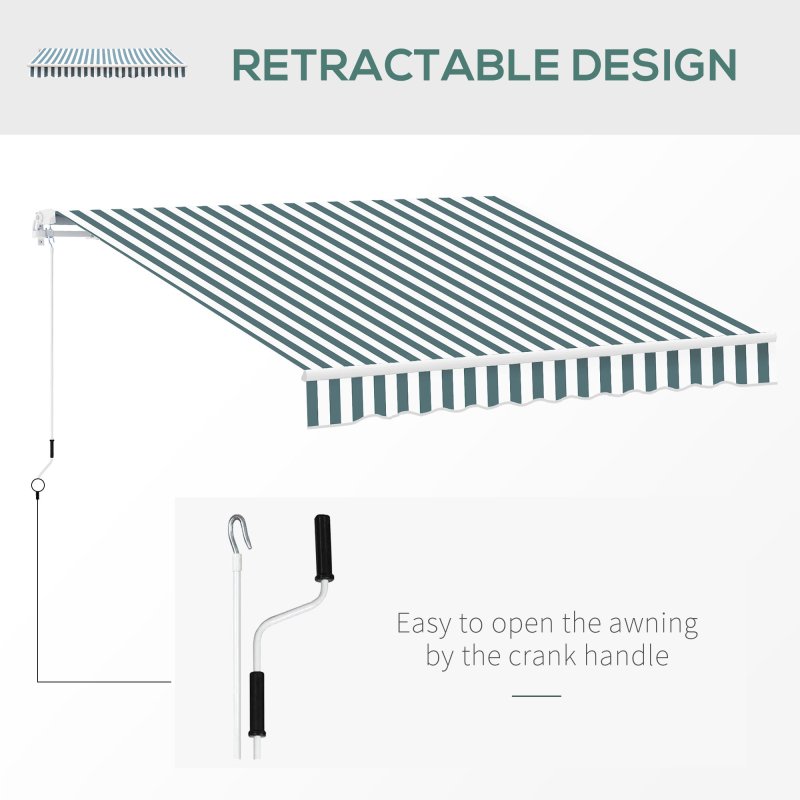 Outsunny 2.5m x 2m Garden Patio Manual Awning Canopy Sun Shade Shelter Retractable with Winding Handle Green and White