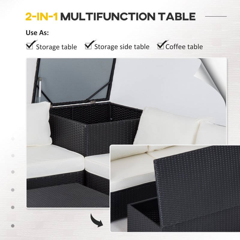 Outsunny 6 Pieces Rattan Garden Furniture Set, 4 Seater Wicker Garden Corner Sofa Set with 2 Storage Tables and Loveseats, Outdoor Conversation Furniture with Cushions for Conservatory, Patio, Black