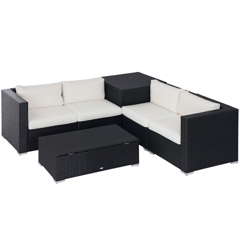 Outsunny 6 Pieces Rattan Garden Furniture Set, 4 Seater Wicker Garden Corner Sofa Set with 2 Storage Tables and Loveseats, Outdoor Conversation Furniture with Cushions for Conservatory, Patio, Black