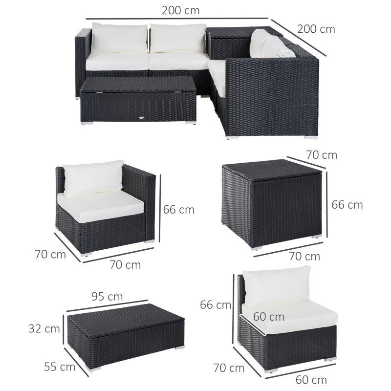 Outsunny 6 Pieces Rattan Garden Furniture Set, 4 Seater Wicker Garden Corner Sofa Set with 2 Storage Tables and Loveseats, Outdoor Conversation Furniture with Cushions for Conservatory, Patio, Black
