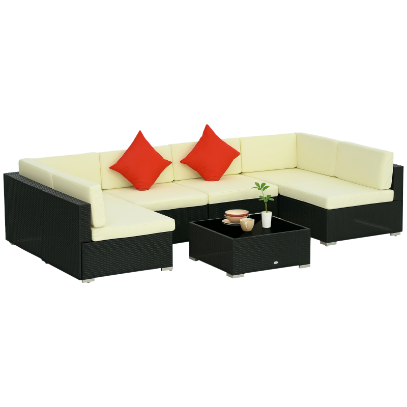 Outsunny 7 Pieces PE Rattan Garden Furniture Set with Thick Padded Cushion, Patio Garden Corner Sofa Sets with Glass Coffee Table and Pillows, Buckle Structure, Black