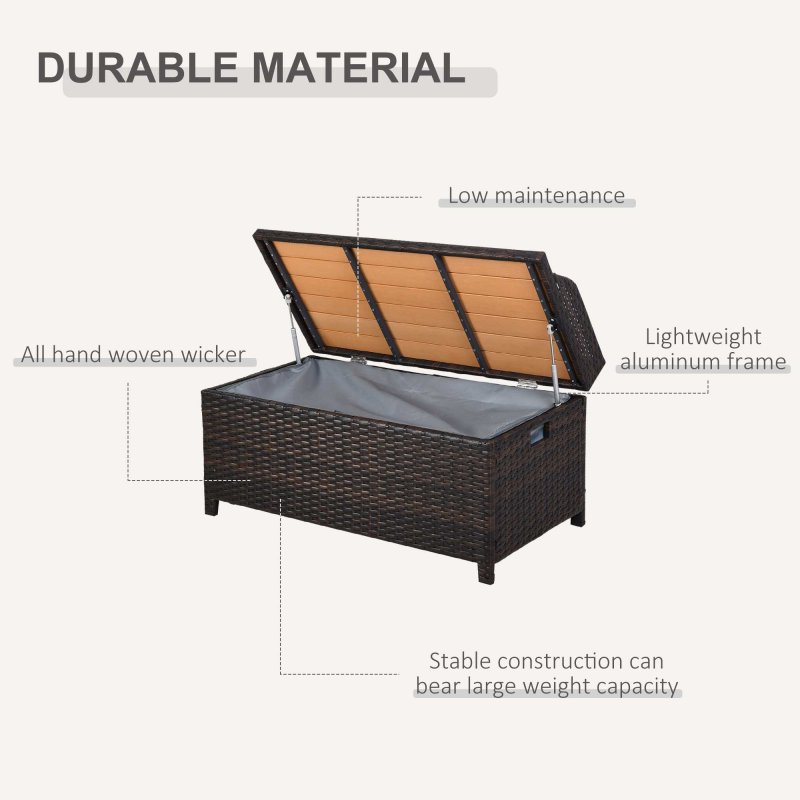 Outsunny PE Rattan Outdoor Storage Bench, Aluminium Garden Bench with Storage Underneath w/ Zipped Inner Lining, Rods for Deck, Mixed Brown