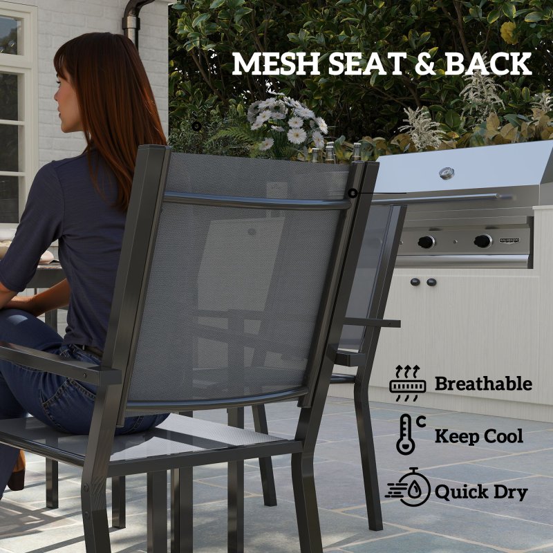 Outsunny 7 Piece Garden Dining Set, Outdoor Furniture Set with 6 Stackable Chairs and 150 cm Rectangle Table, WPC Slatted Top, Rust-Resistant Steel Frame, for Garden, Porch, Terrace