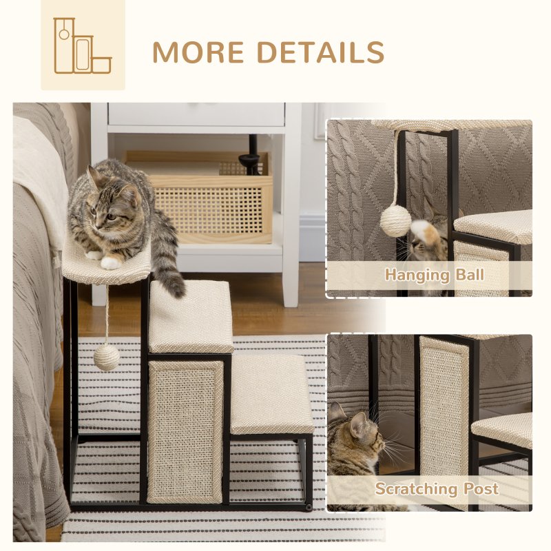 PawHut 3 Steps Dog Stairs, Pet Steps for Cat for Sofa and Bed with Sisal Scratching Board, Hanging Toy Ball, 47 x 45 x 47cm - Cream White