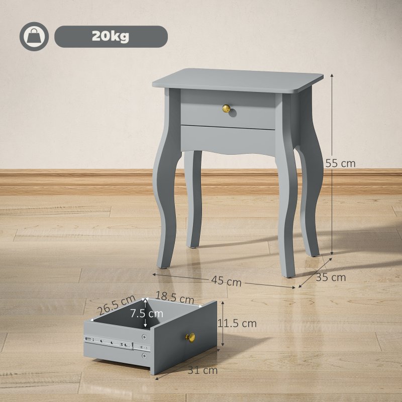 HOMCOM French Style Side Table with Drawer, End Table with Curved Legs, Bedside Table for Living Room, Bedroom, Grey