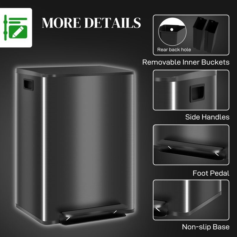 HOMCOM Dual Kitchen Bin, 2 x 30L Stainless Steel Double Pedal Bin with Soft-Close Lid, Removable Inner Buckets and Handles for Recycling and Waste