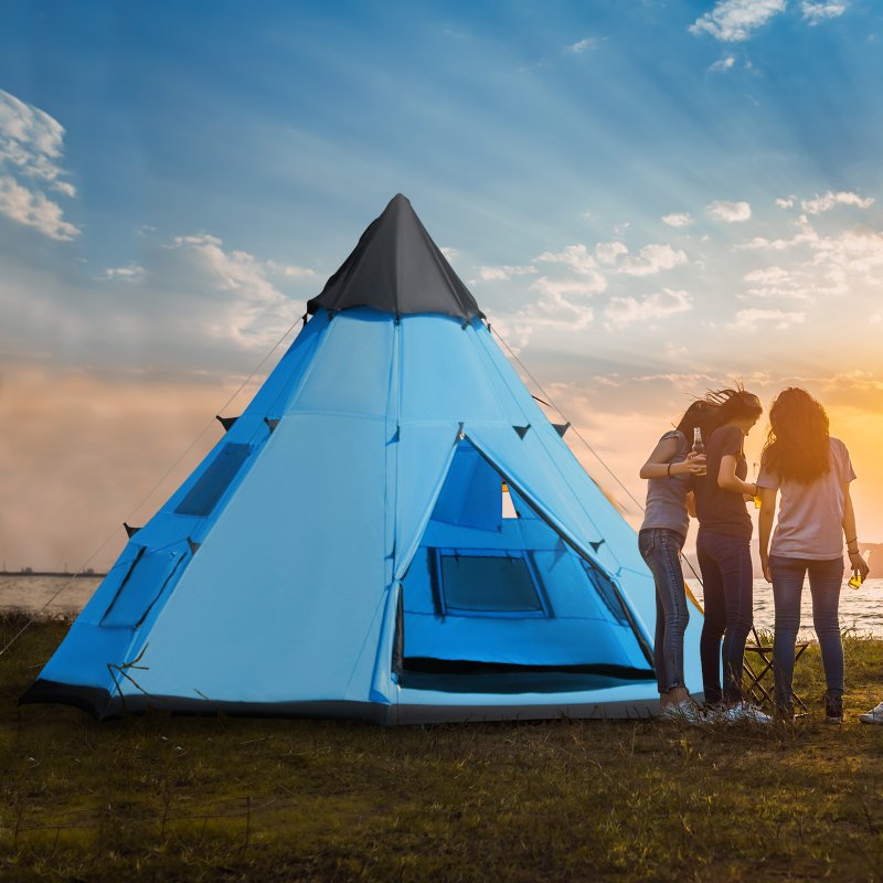 Outsunny 6 Men Tipi Tent, Camping Tent with Mesh Windows, Sewn-in Floor, Two Doors and Carry Bag, Easy Set Up, for Hiking Picnics Outdoor Night, Blue