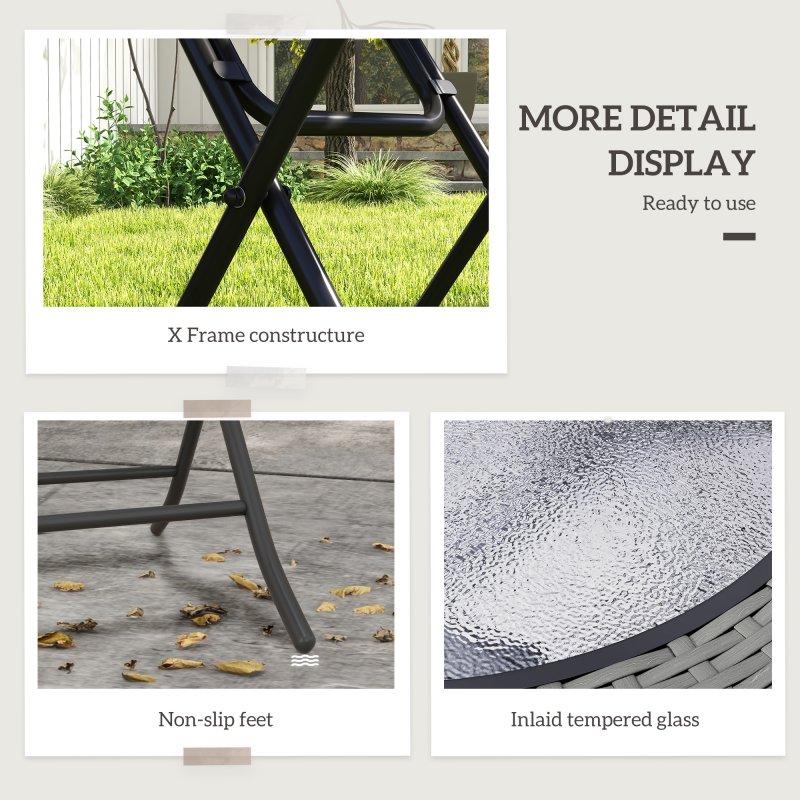 Outsunny Folding Rattan Garden Dining Table, 68 cm Round Rattan Garden Table with Water Ripple Tempered Glass Top, Wicker Edging  and Steel Frame for Outdoor, Patio, Grey