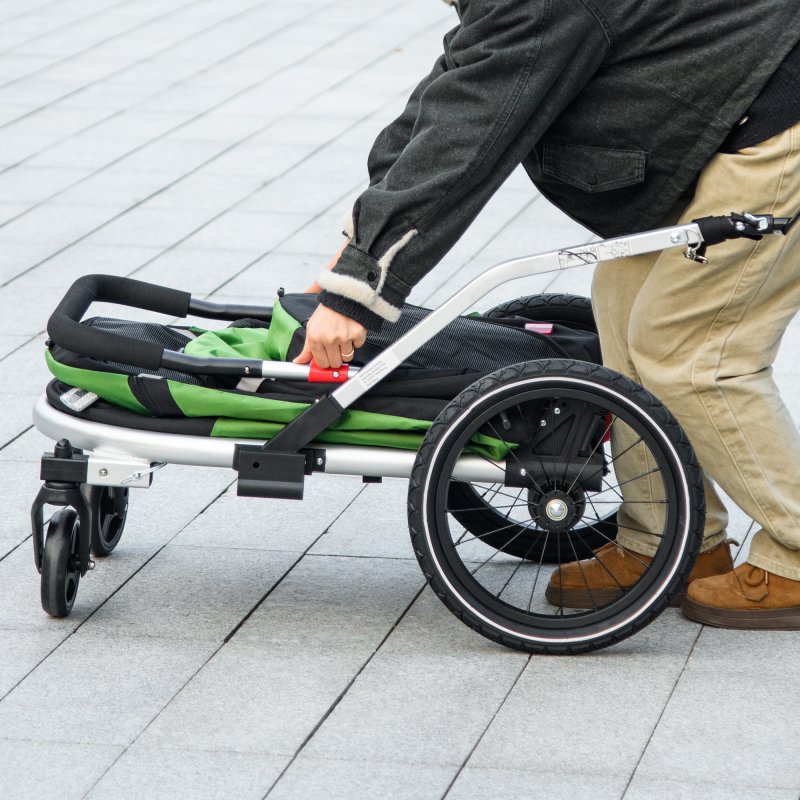 PawHut Dog Bike Trailer Dog Stroller 2 in 1 Foldable with Aluminium Frame, Quick-Release Wheels, Safety Leash, Anti-Slip Mat, Hitch Coupler, Reflectors, Flag, for Medium Dogs - Green