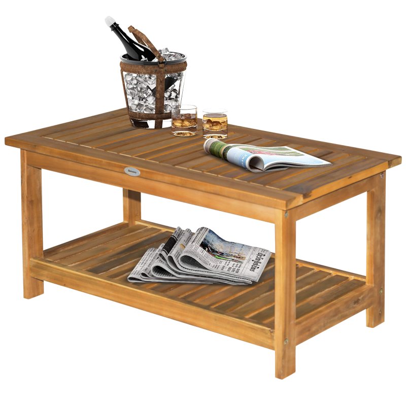 Outsunny Wooden Garden Coffee Table, Outdoor Side Table with Bottom Storage Shelf for Patio, Deck, Lawn, Garden, 90 x 45 x 43 cm, Teak
