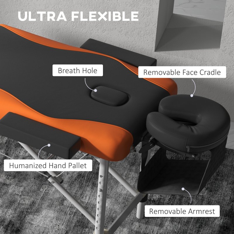 HOMCOM Foldable Massage Bed Portable Table, 3-Section Aluminium Foldable Beauty Couch, Professional Salon Spa Table with Headrest Support and Carry Bag, 60 cm Width, Black and Orange