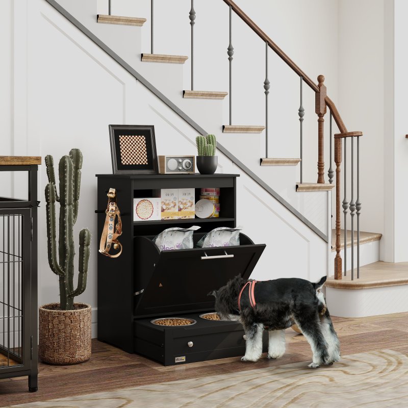PawHut Pet Feeder Station, Dog Food Storage Container w/ Raised Dog Bowls, Hanger, for Food and Water - Black