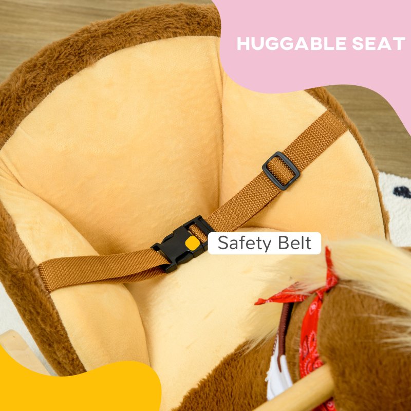 HOMCOM Kids Rocking Horse Plush Ride On Horse with Safety Belt, Realistic Sounds, Foot Pedals for Toddlers Aged 18-36 Months - Brown
