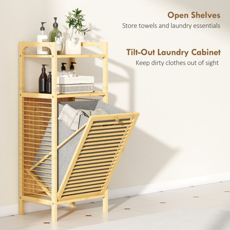 HOMCOM Bamboo Laundry Cabinet with Slatted Door, Bathroom Cabinet with Tilt-Out Hamper and Removable Liner Bag, 40 x 30D x 95 cm, Natural Wood Finish