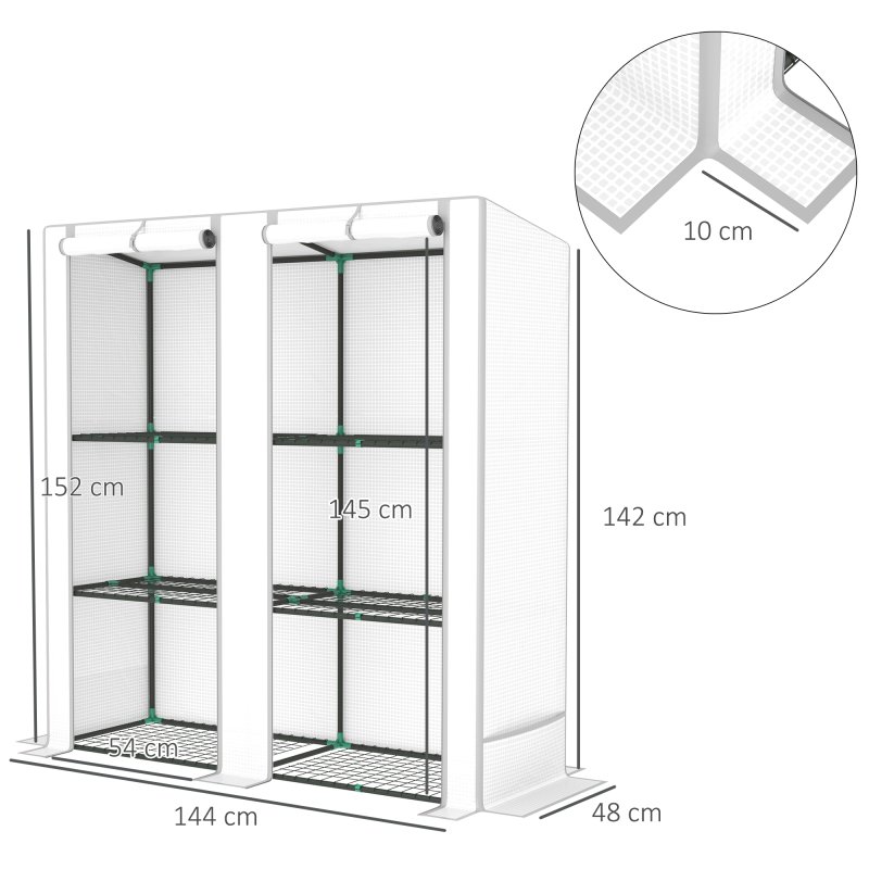 Outsunny 3 Tier Lean-to Mini Greenhouse with Reinforced PE Cover, Portable Small Greenhouse with Roll-Up Door, Grey Hemmed Edging, 144 x 48 x 152cm, White