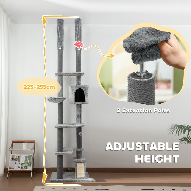 PawHut Floor to Ceiling Cat Tree, 225-255cm Height Adjustable Large Cat Tower 6 Levels Activity Centre for Indoor Cats with Cat Scratching Posts Ramp, Condo Hammock, Play Balls - Grey