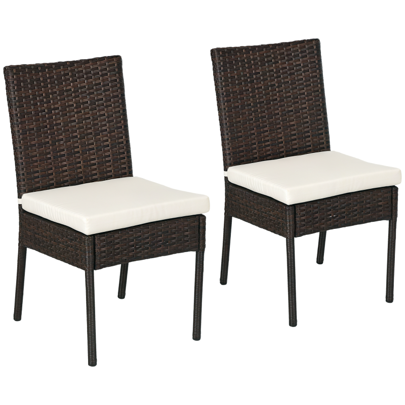 Outsunny 2 Pieces PE Rattan Garden Chairs with Cushion, Patio Wicker Dining Chairs with Backrest for Patio, Deck, Garden, Brown