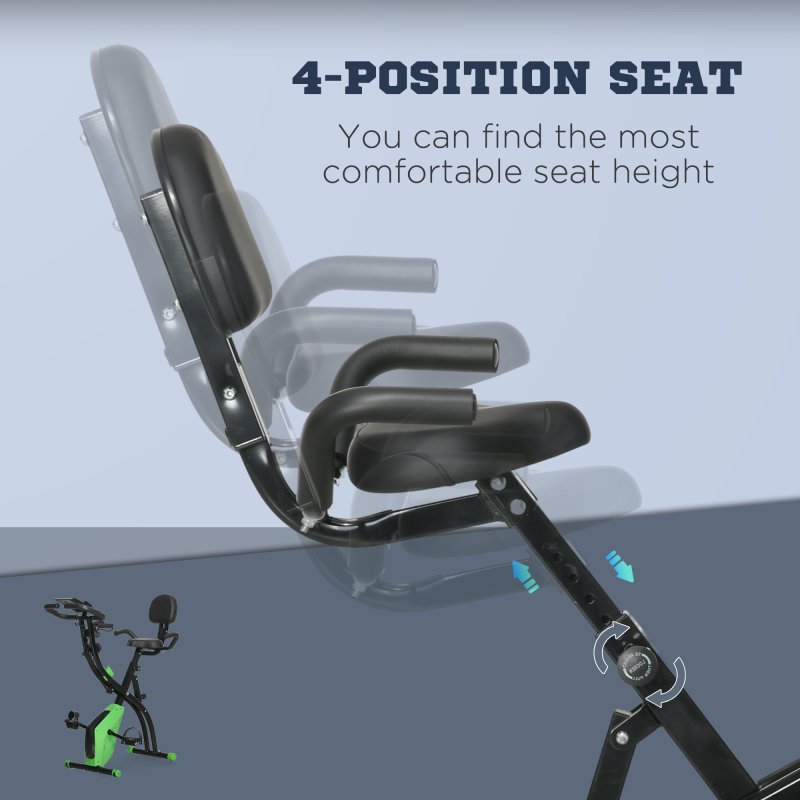 HOMCOM 2-in-1 Folding Exercise Bike, Foldable Stationary Bike with 8-Level Adjustable Magnetic Resistance, Arm Resistance Band, Pulse Sensor and LCD Monitor, Green
