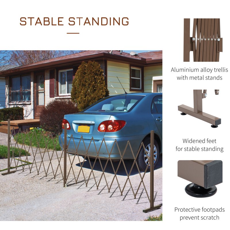 Outsunny Expanding Fence Panel, Freestanding Aluminium Alloy Trellis Fence with Movable Scissor Grid and Wheel, 52-405cm Foldable Decorative Garden Fence for Patio Pet Safety, Dark Brown