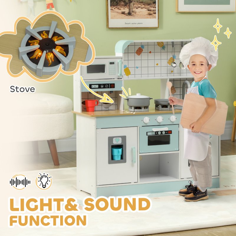 AIYAPLAY Toy Kitchen, Pretend Role Play Kitchen with Hob, Sound, Light, Coffee Machine, Ice Maker, Microwave, Oven, Storage Space, for Boys and Girls, Ages 3_ Years