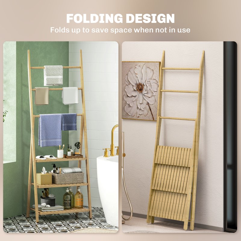HOMCOM Folding Bathroom Storage Shelves, 3-Tier A-Frame Bamboo Storage Shelving Unit with Towel Bars, Freestanding Shelves Rack Organiser for Living Room, Natural