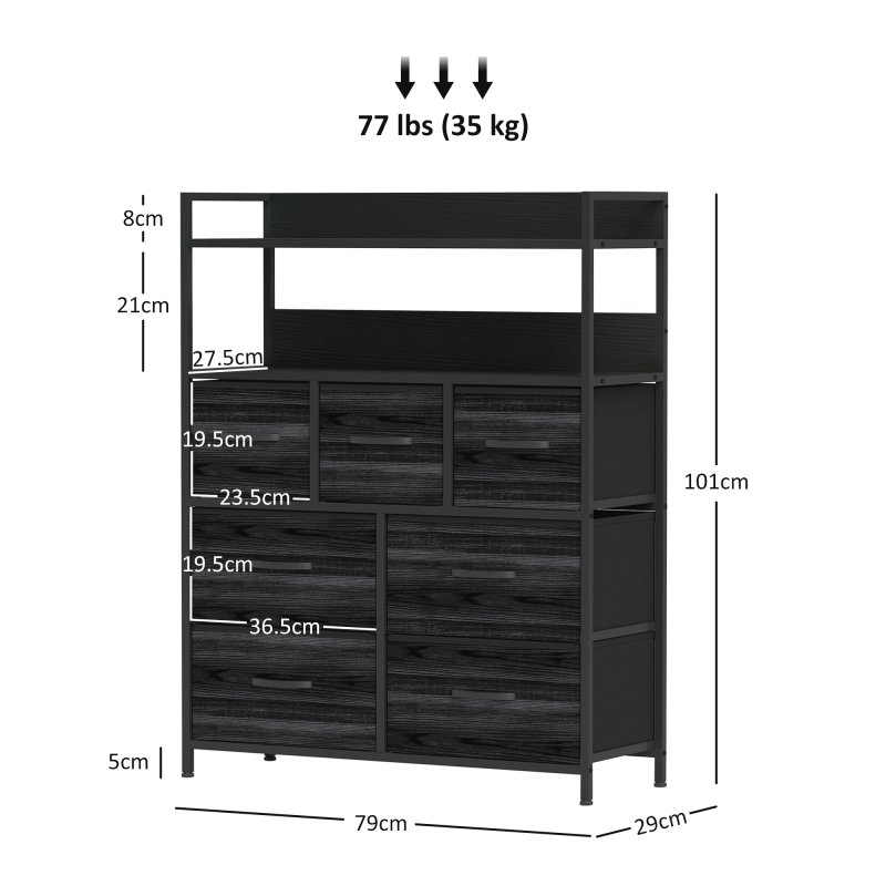 HOMCOM Bedroom Chest of Drawers, Fabric Dresser with 7 Drawers, Storage Organiser Unit with Open Shelves and Metal Frame for Living Room, Entryway