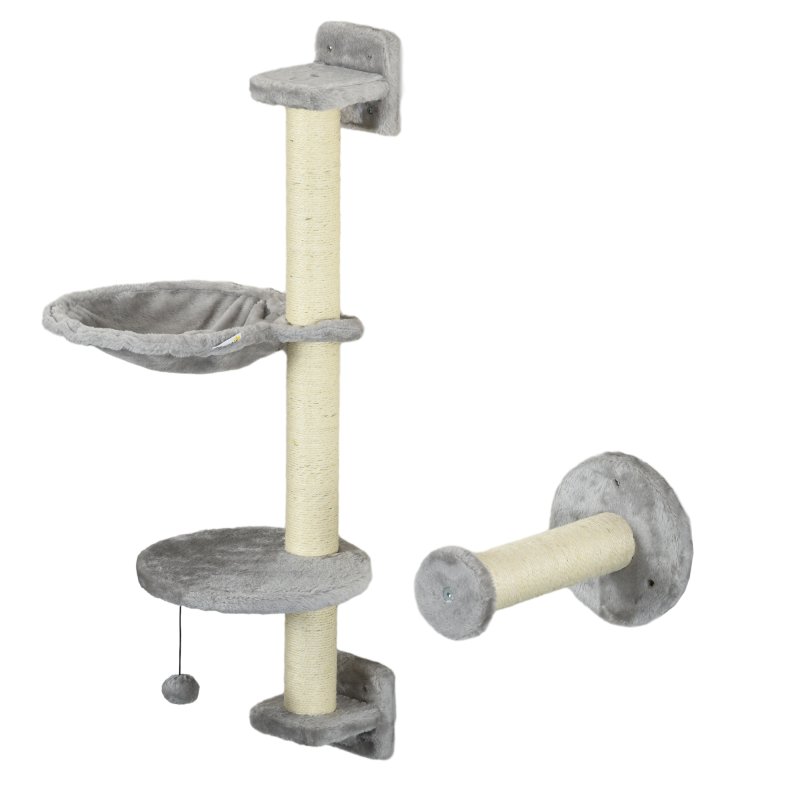 PawHut 4Pcs Wall Mounted Cat Shelves, with Hammock, Perches, Ladder, Scratching Post, Cat Wall Furniture for Large Cats, Grey