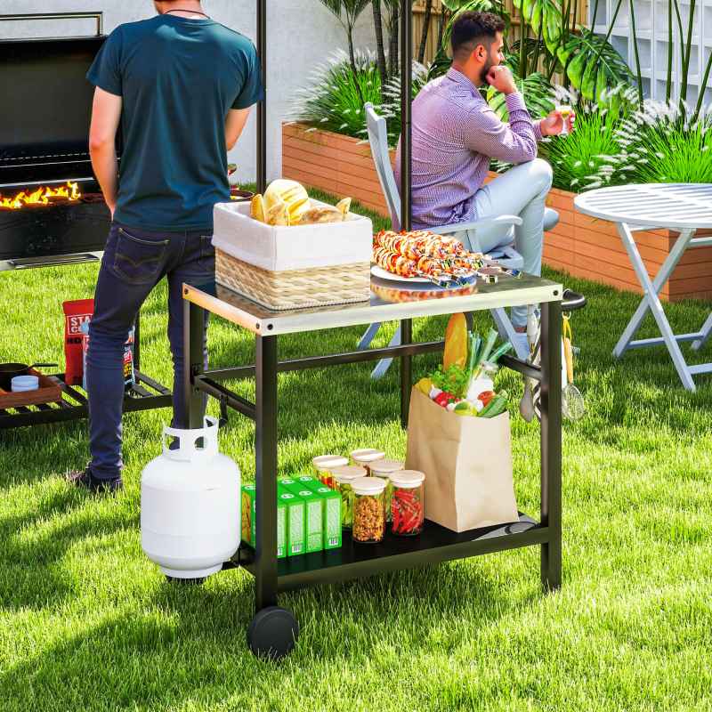 Outsunny Outdoor Grill Dining Cart 2-Shelf Movable Pizza Oven Table Stand with Stainless Steel Top, Portable BBQ Trolley Food Prep Outdoor Kitchen BBQ Station with Hooks Wheels Handle, Charcoal Grey