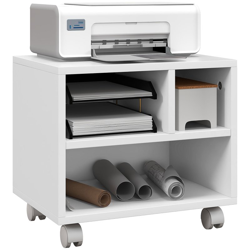HOMCOM 2-Tier Printer Stand with Storage, Under Desk Printer Cart on Wheels with 3 Compartments, Desktop Printer Table for Home Office, White