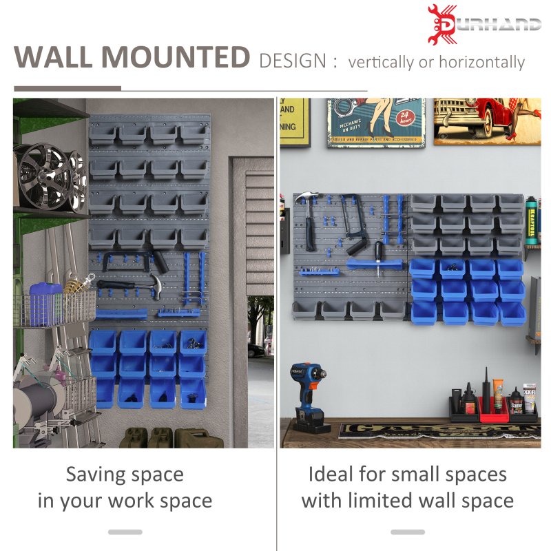 DURHAND 44 Pcs On-Wall Garage DIY Storage Unit with 28 Cubes 10 Hooks 2 Boards Screws Organisation Pegboard Tool Equipment Blue