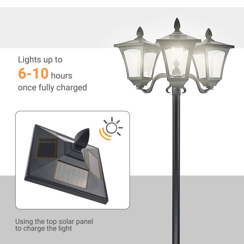 Outsunny 1.8m Traditional Victorian Style 3 Way Head Outdoor Garden Solar Post Lamp Sensor Dimmable LED Lantern Bollard Pathway IP44 - Black