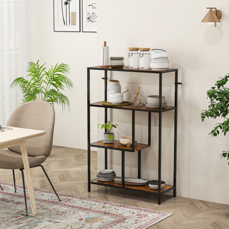 HOMCOM 4-Tier Bookshelf, Industrial Bookcase with Metal Frame, Storage Shelving Unit, Freestanding Shelves for Home Office, Study, Living Room, Bedroom, Rustic Brown