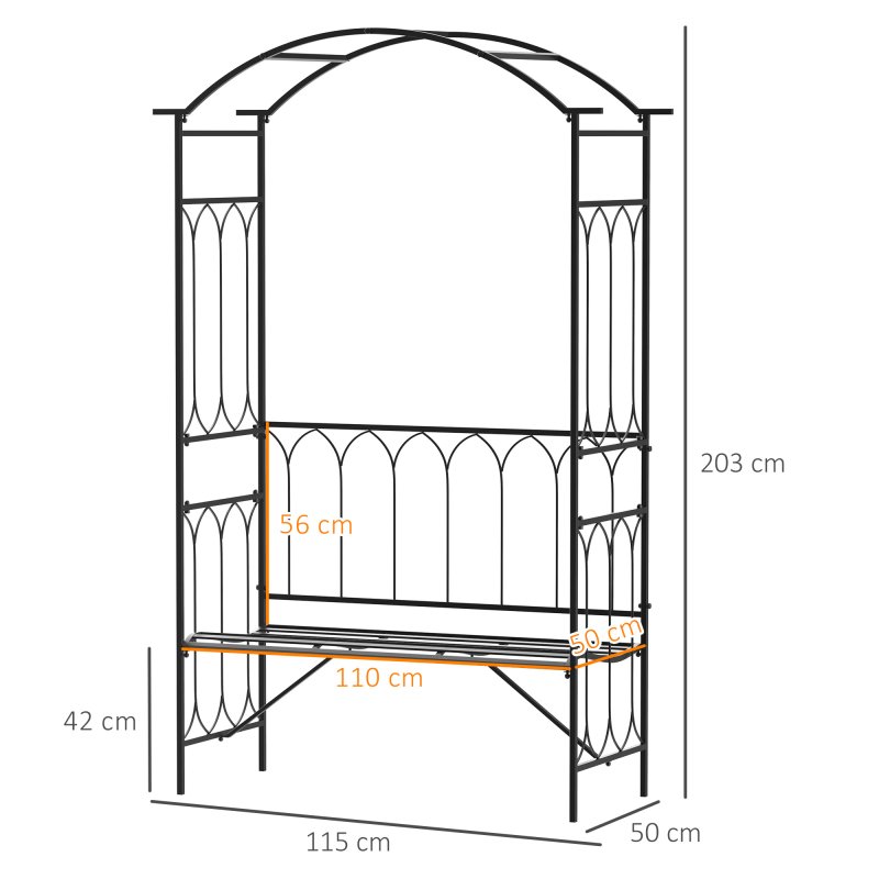 Outsunny Garden Metal Arch Bench Outdoor 2-Seater Chair, Patio Rose Trellis Arbour Pergola for Climbing Plant Vintage Classic Black 115L x 50W x 203H cm