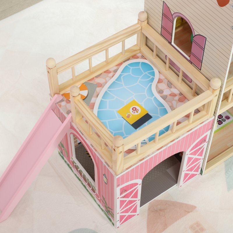 AIYAPLAY Dolls House with 13 Pieces Wooden Furniture and Accessories, 3 Levels Play Set with Detachable Balcony, Garage, Movable Slides, Gift for 3-6 Years