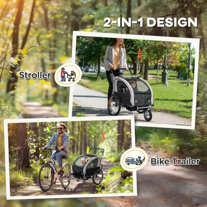 HOMCOM 2 Seat Bike Trailer for Kids, Baby Bike Stroller with 5 Point Harness, Child Bicycle Trailer with Safety Flag, Reflectors, Windproof Curtain, for 18+ Months, Black