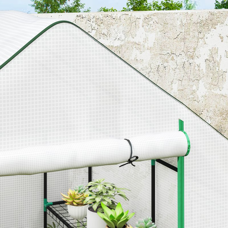 Outsunny Walk-in Greenhouse with 3 Tier 8 Shelves, Small Greenhouse with Reinforced PE Cover, Garden Plant Growhouse with Roll-up Door and Three Mesh Windows, 140 x 143 x 190 cm, White