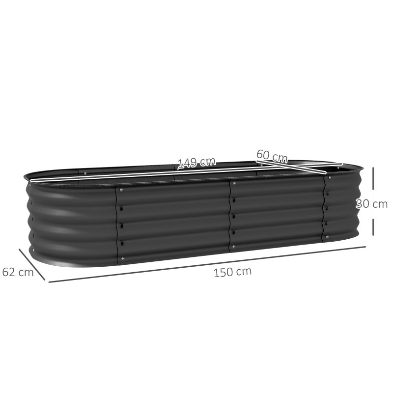 Outsunny Galvanised Raised Beds for Garden, Metal Elevated Planter Box with Safety Edging, Easy DIY for Growing Flowers, Herbs, Succulents, 150 x 62 x 30cm, Dark Grey