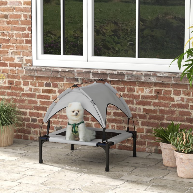 PawHut Cooling Raised Dog Bed, Elevated Pet Bed with Breathable Mesh, UV Protection Canopy, Foot Pads, for Indoor Outdoor, Small, Medium Dogs, 76 x 61 x 69.5cm - Light Grey