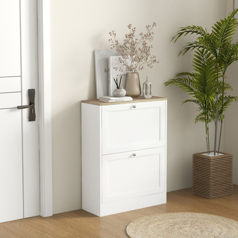 HOMCOM Slim Shoe Storage Cabinet for Hallway, Modern Narrow Shoe Cabinet with 2 Flip Drawers and Adjustable Shelves for 12 Pairs of Shoes, White