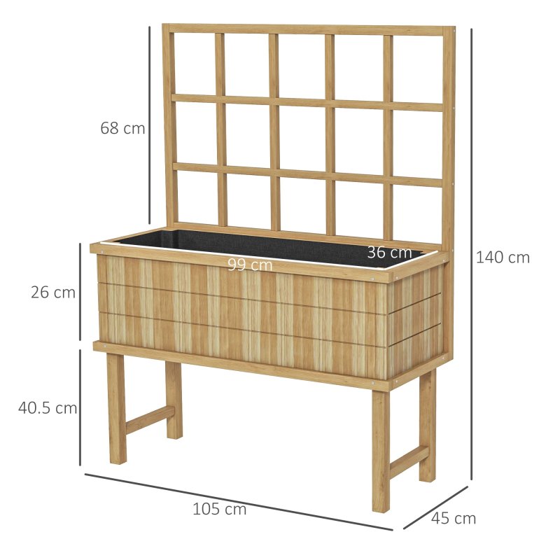 Outsunny Wooden Raised Planter with Trellis for Vine Climbing Plants, Elevated Garden Bed with Drainage Holes and Bed Liner for Vegetables, Flowers, Herbs, 105 x 45 x 140cm, Natural