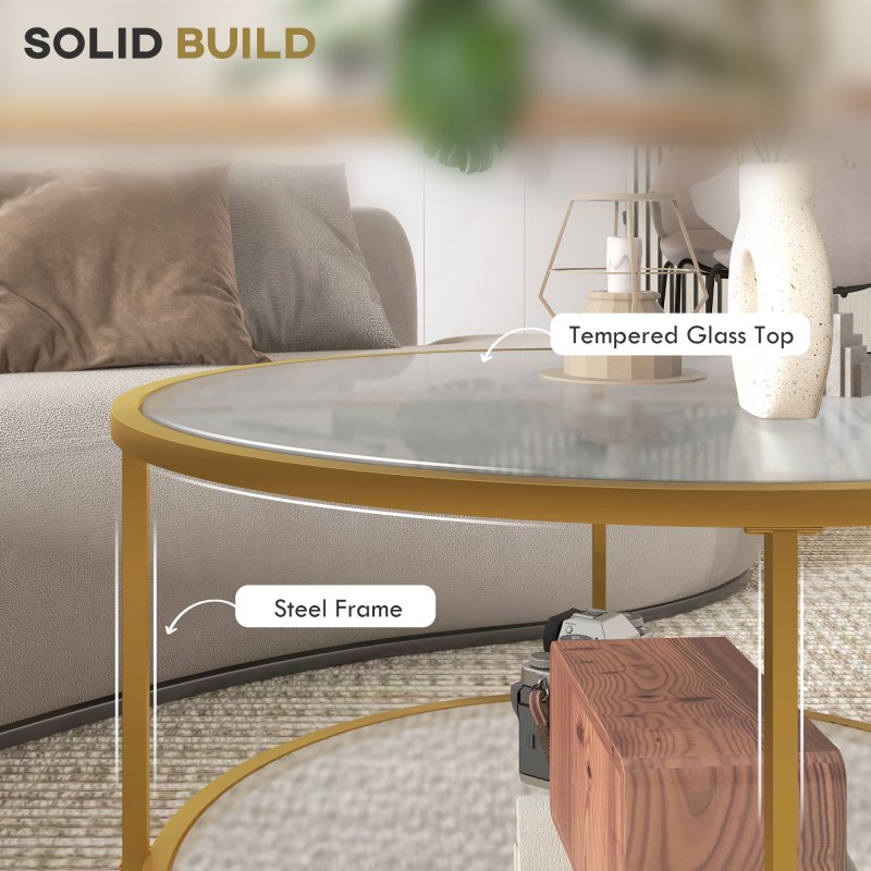 HOMCOM Round Coffee Table with Storage, 2-Tier Tempered Glass Coffee Table with Steel Frame for Living Room, Gold Tone